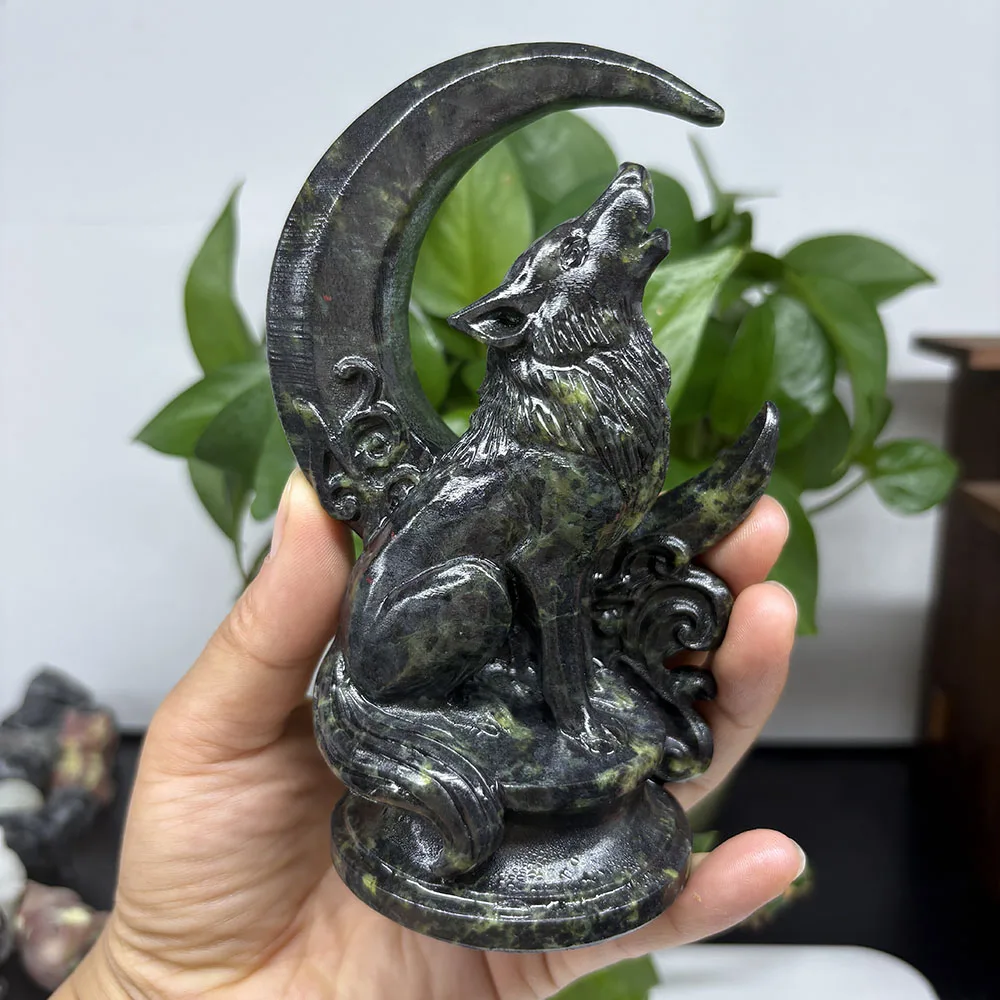 Custom Natural Xiuyan Jade Howling Wolf Figurine - 13cm Hand-Carved Gemstone Crescent Moon Wolf Statue Healing Crystal Decor