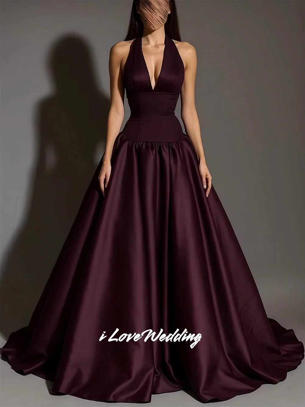 

Purple Halter A-Line Satin Sleeveless Evening Dress Bespoke Occasion Dresses Backless Sweep Train Floor- Length Pleated Customiz