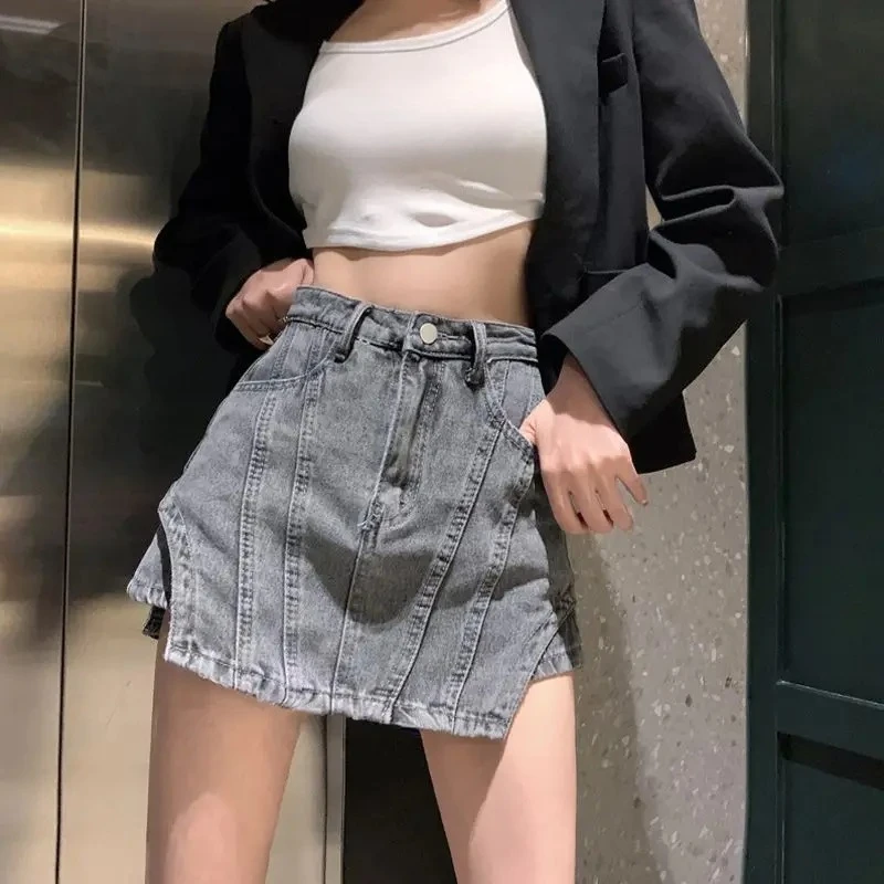 

Женские джинсовые шорты-юбка асимметричного кроя с высокой талией, облегающие, А-силуэт, винтажные, модные, весна-лето, новинка