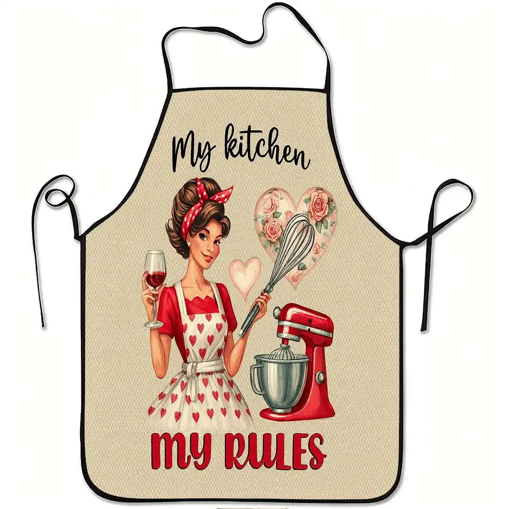 1pc My Kitchen My Rules Vintage Baking Apron - Retro Lady Cooking Print With 