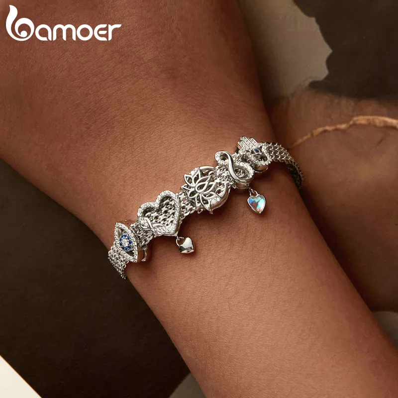 Bamoer 925 Sterling Silver Rose Basic Bracelet Hollow-out Wide Band Chain Platinum Plated for Women Valentine's Day Gift SCB265