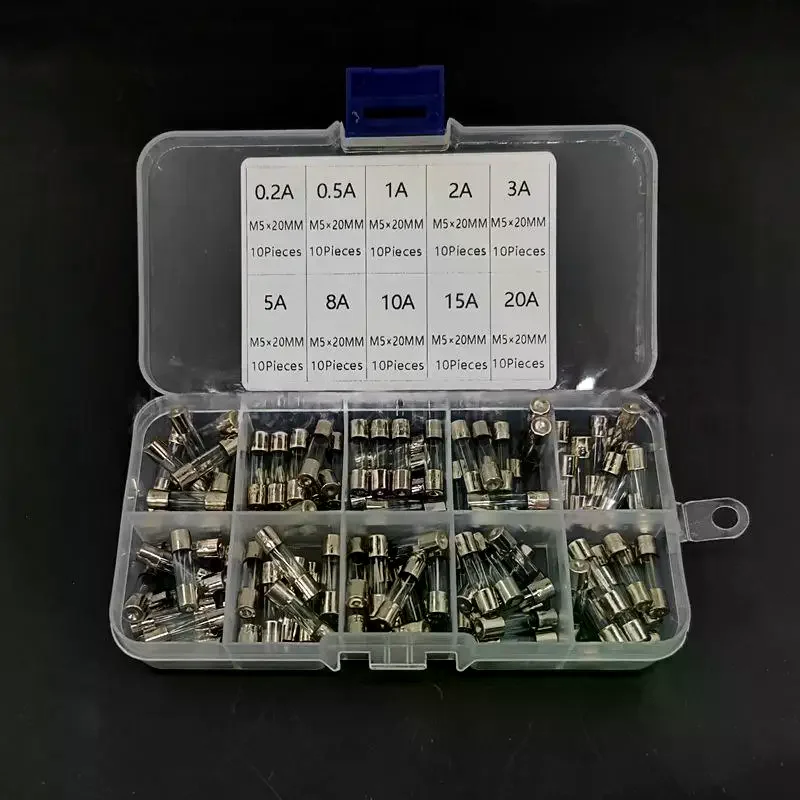 100pcs 5x20mm Glass Fuse Assortment Kit 0.25A To 20A Fast Acting Fuse For Electronic Amplifier Power Supply Protection Supply