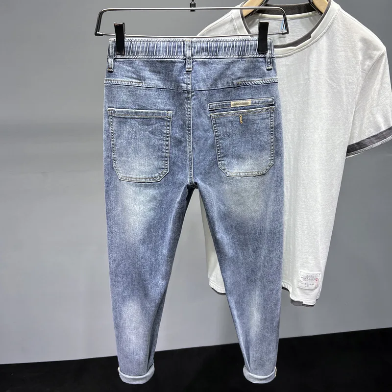 2024high-end blue jeans men's summer elastic soft elastic waist loose harem tapered casual trousers