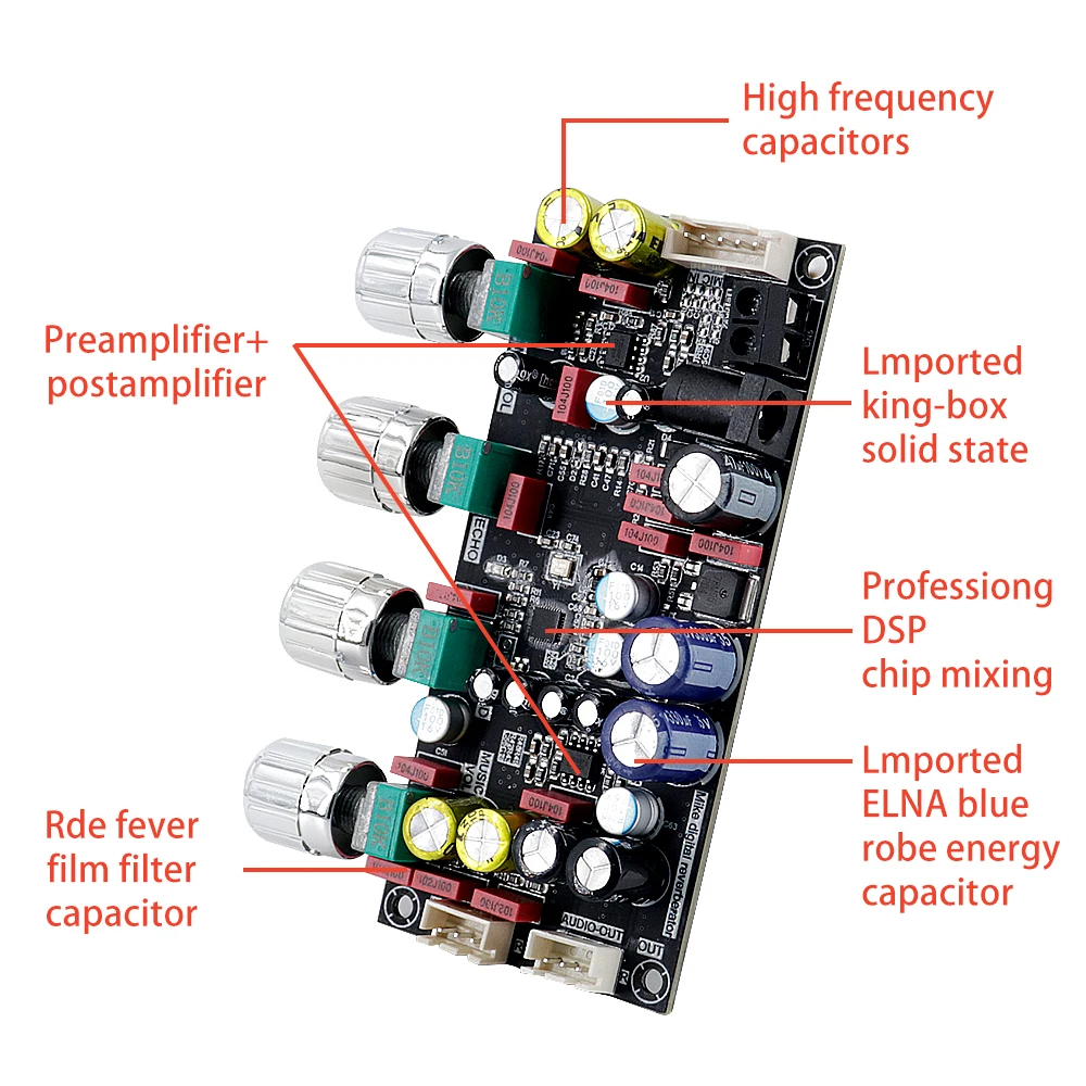 ZK-AMP DSP Karaoke Preamp Board, 8-26VDC Hi-Fi Reverb Mixer With Echo & 3D Effects, Dual 6.35mm Mic Input