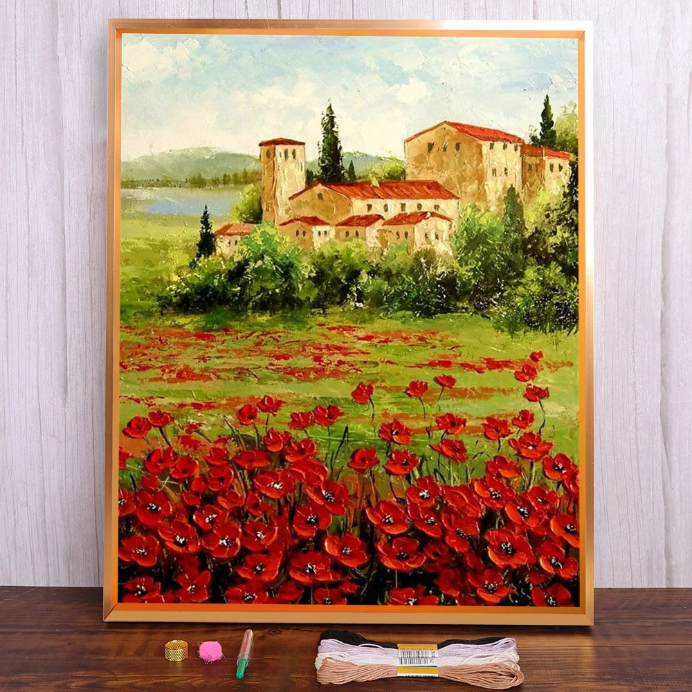 

Landscape Poppy Flower Pre-Printed Cross-Stitch Embroidery Set DMC Threads Craft Handiwork Hobby Sewing Package Mulina Counted