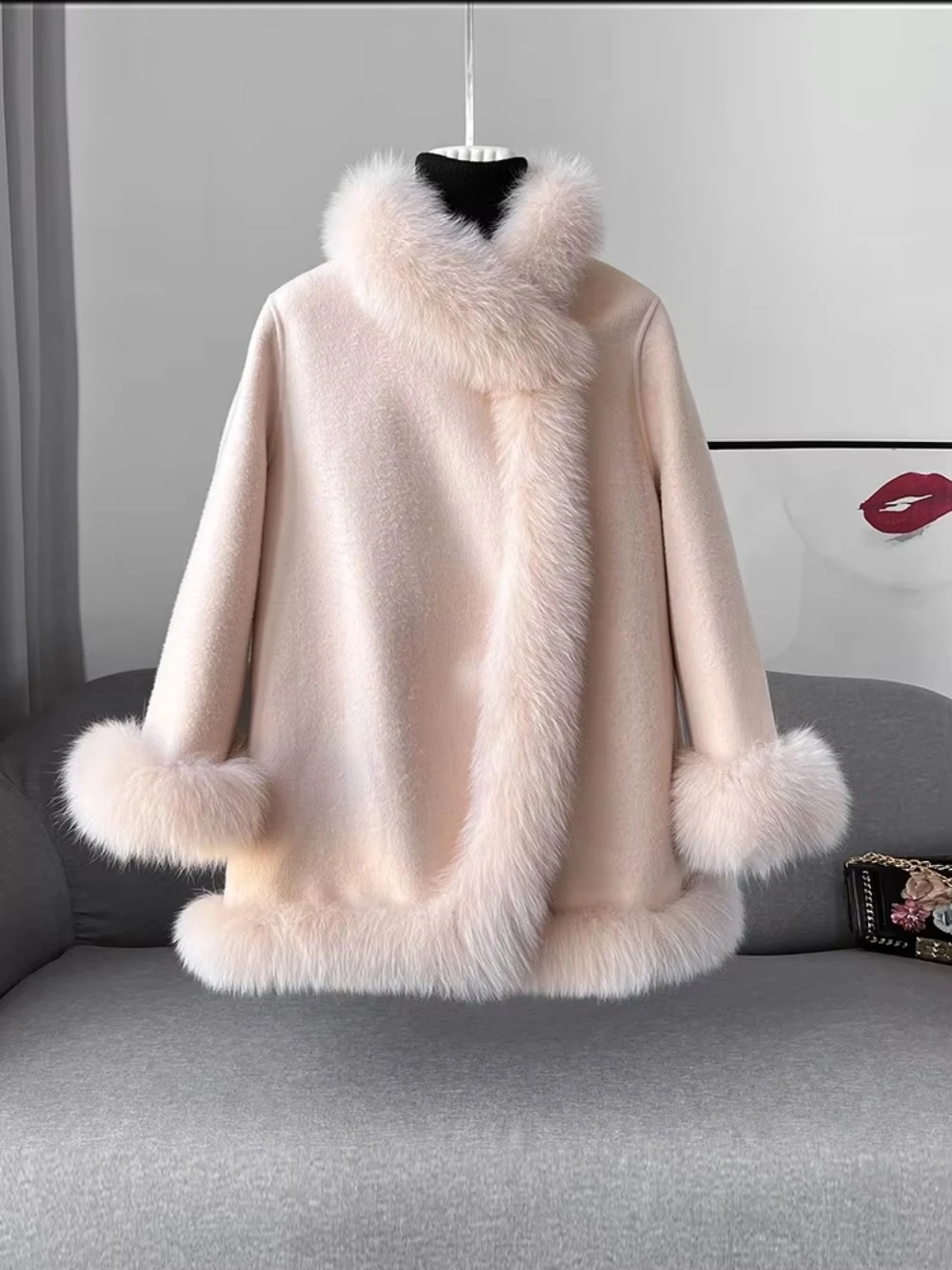 Real Fox Fur Collar Cloak Coat White Wool Coat Women Natural Fox Fur Jacket 2024 Warm Oversize Elegant Real Fur Coat