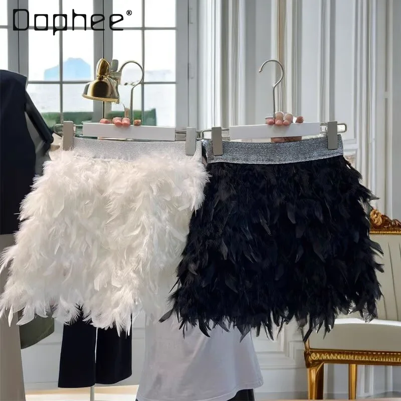 

Ostrich Feather Mini Skirt Elastic Waist A- Line Tutu Skirt Princess Birthday Party Fairy Women Summer Fashion White Black