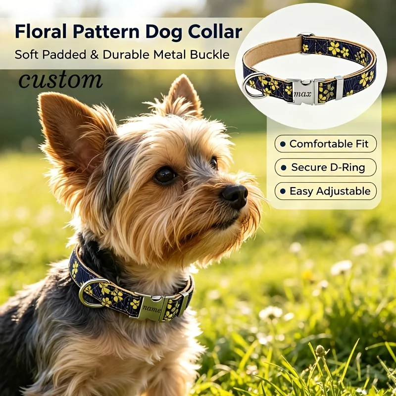Custom Engraved Dog Collar with Ukiyo-E Cherry Blossom Print, Soft Lining & Metal Buckle for Small Medium Dogs