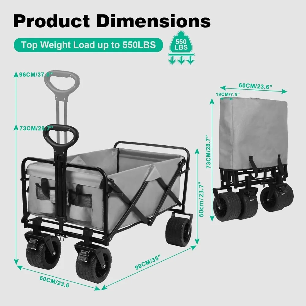 Heavy-Duty Folding Wagon com rodas grandes, vagão dobrável, interior espaçoso, 550lbs Peso Capacidade