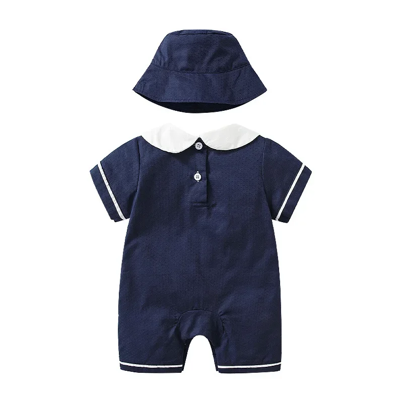 2022 baby summer clothing College style Peter pan Collar short sleeve cotton girls rompers+hat 2pcs set Infant Baby clothes