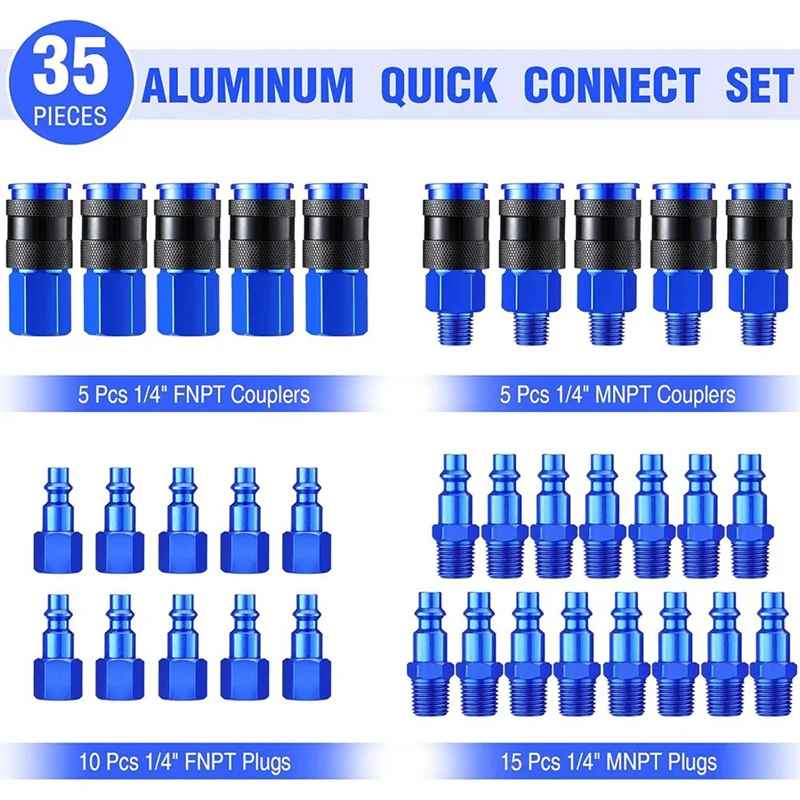 35 Pieces Air Hose Fittings 1/4Inch NPT Aluminum Air Coupler And Plug Kit Air Tool Fittings Heavy Duty Air Fittings