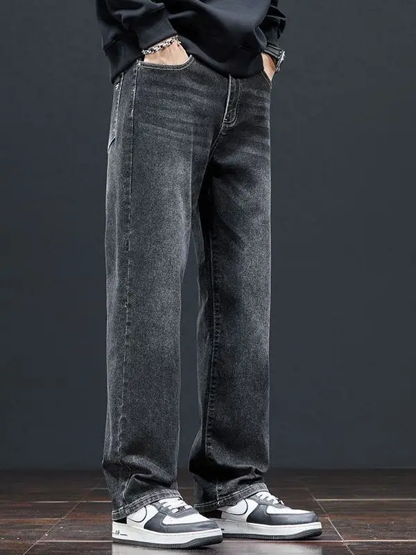 

American Retro Straight Leg Jeans Men's Summer New Trend Loose Elastic Casual Long Pants High Waist Zipper Decoration Busines...