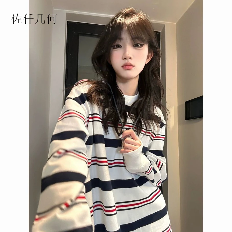 2025 estilo preppy listrado camiseta feminina outono e inverno nova manga comprida solta casal topos mulher