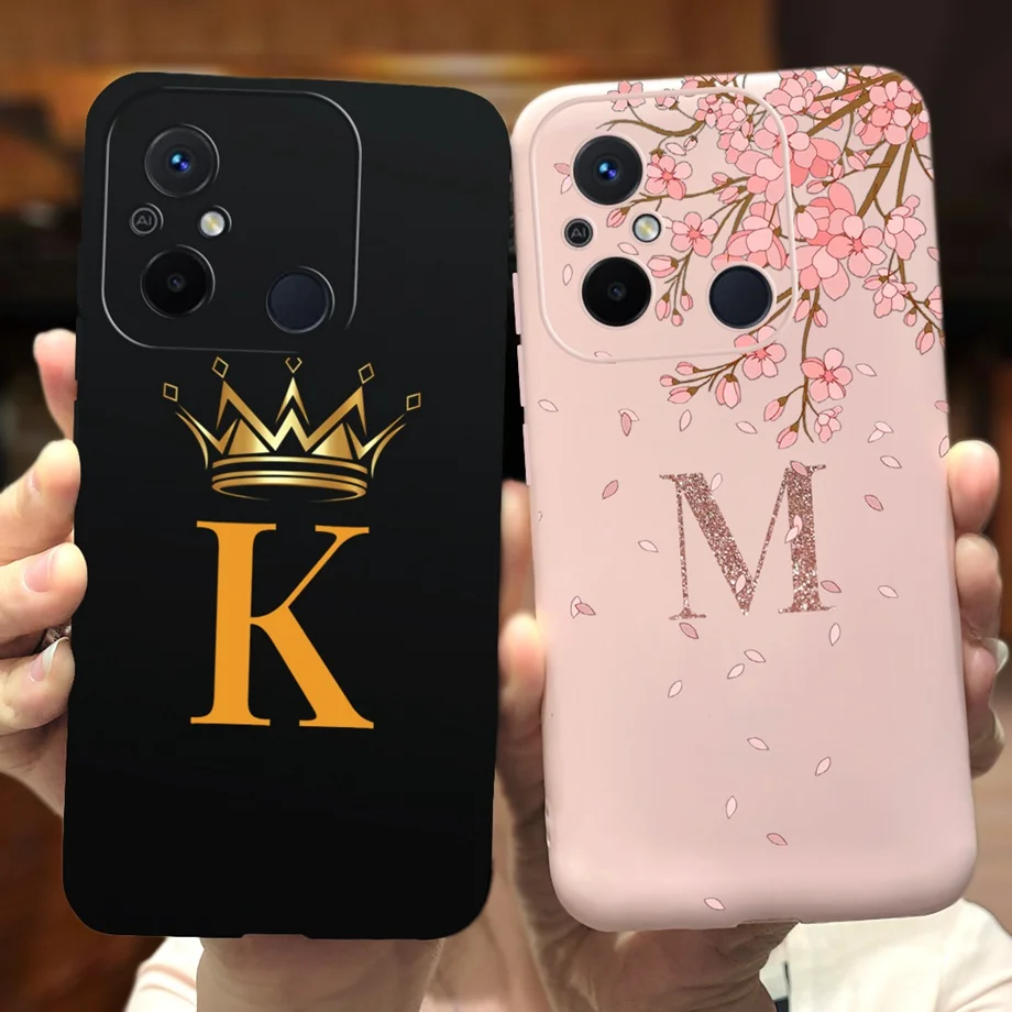 For Xiaomi Redmi 12C Letters Black Pink Cherry Flower Crown Phone Cases Back Cover For Redmi 12C Redmi12 C Soft Bumper Capa Bag