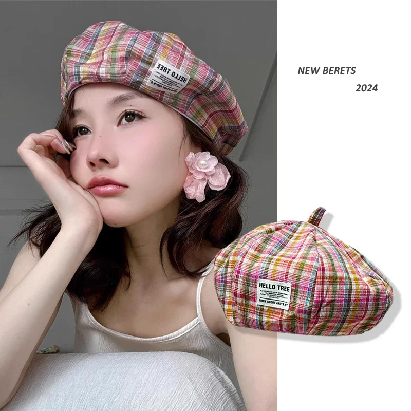 Japanese Sweet and Cute Plaid Berets for Weomen Show Face Small Spring and Summer Fashion Labeling Niche Painter Pumpkin Hats