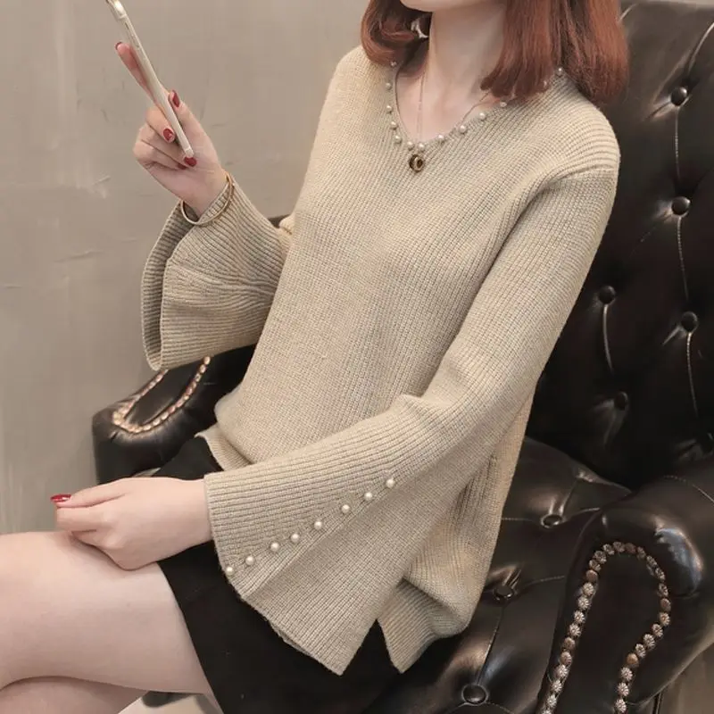 

Vintage V-Neck Stylish Beading Sweaters Female Clothing Flare Sleeve Autumn Winter All-match Solid Color Casual Knitted Jumpers