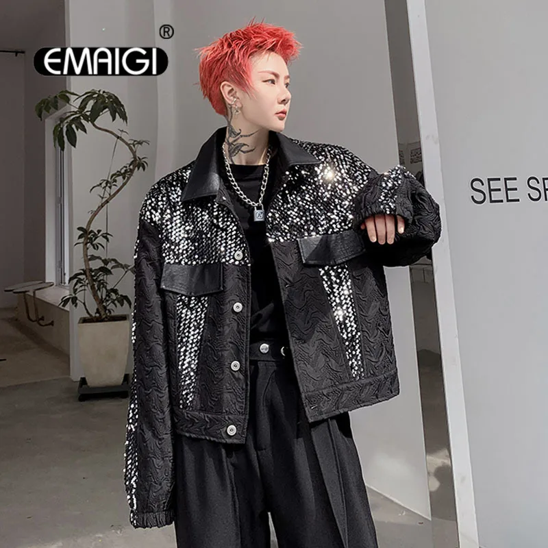 

Men Niche Design Sequin Loose Causal Vintage Short Jacket Net Celebrity Streetwear Fashion Show Coat Male Women Jacket Outerwear