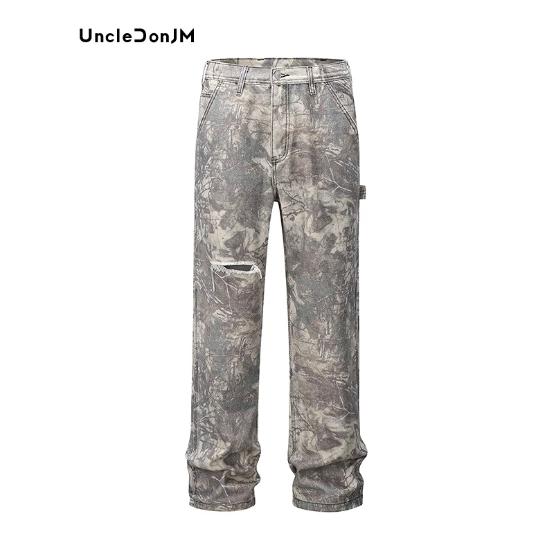 Tree Leaves Camouflage Faded Knife-cut Jeans Men Hip Hop Y2k Men’s Jeans