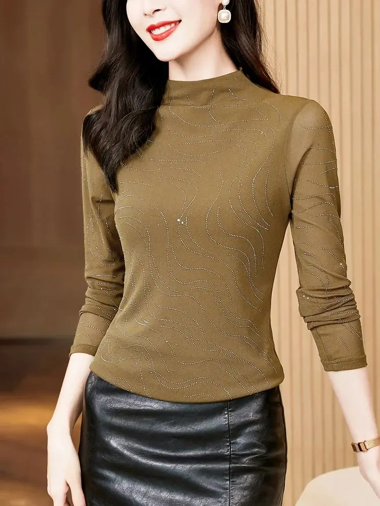 Size M-3XL Elastic Mesh Long Sleeve T-shirt Women\'s Autumn Half Turtleneck Long Sleeve New Tops