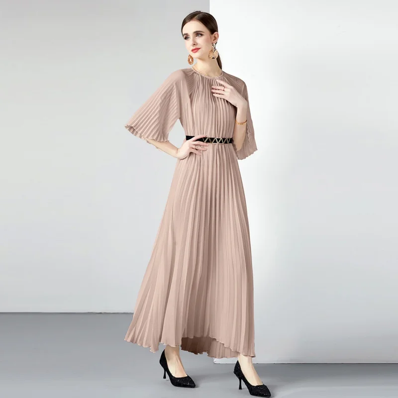 Miyake New Summer Pleated Long Dress Women O-Neck Lace-up Belt Solid Loose Large Size Splicing Vintage Party Dresses 2023