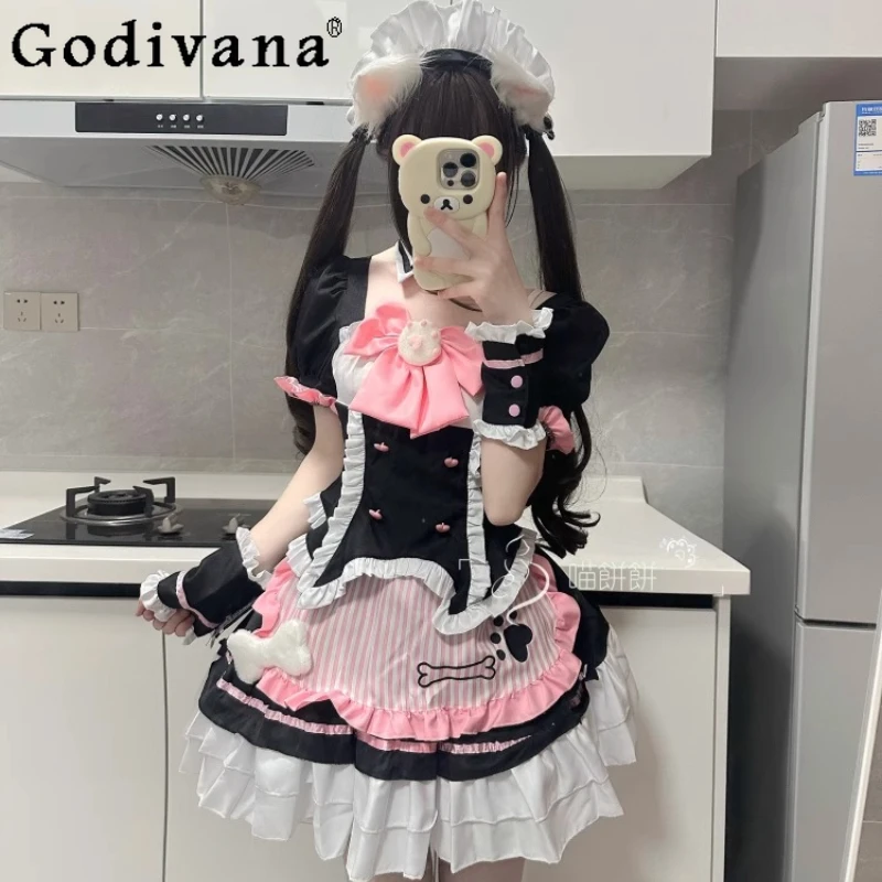 

L-5XL Plus Size Japanese Cute Maid Uniform Lolita Short Cake Skirt Cos Sweet Bow Ruffles Chic Short Sleeve Square Neck Tops Sets