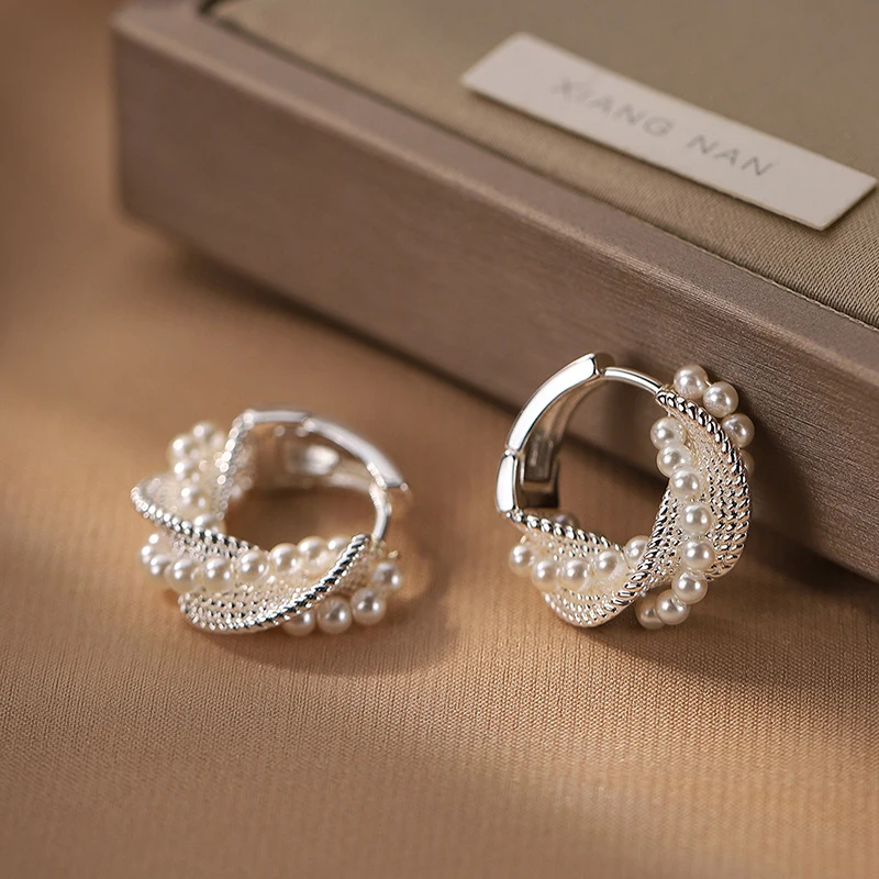 GANPUP Exquisite Perlen-Twist-Creolen für Damen, Modische Neue Silberfarbene Ohrschmuck-Schmuckgeschenke für Partys – Detail 6