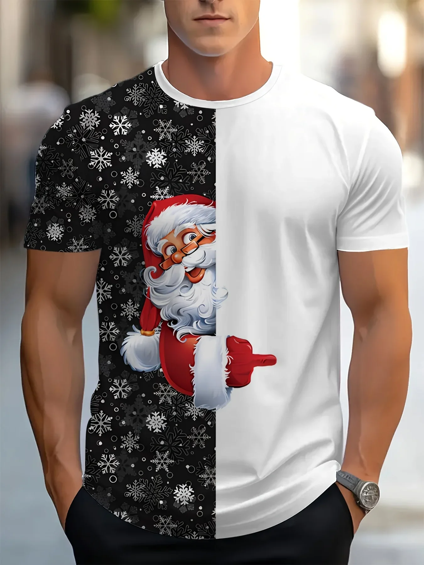 Fashion Men's Split Snowflake Santa Claus T Shirt Peeking Half Santa Christmas Color Block Crew Neck Short Sleeve Novelty Tee