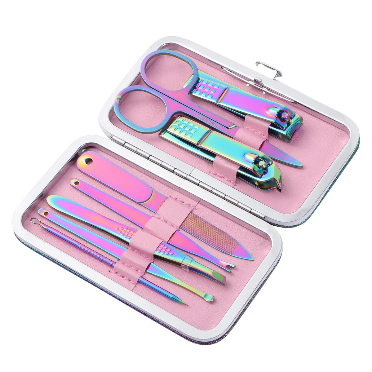 مجموعة كليبرز من الفولاذ المقاوم للصدأ مكونة من 8 قطع، أداة مانيكير للبالغين، أداة تشذيب أظافر متينة، تصميم مريح، مجموعة أدوات قطع مبرد الأظافر