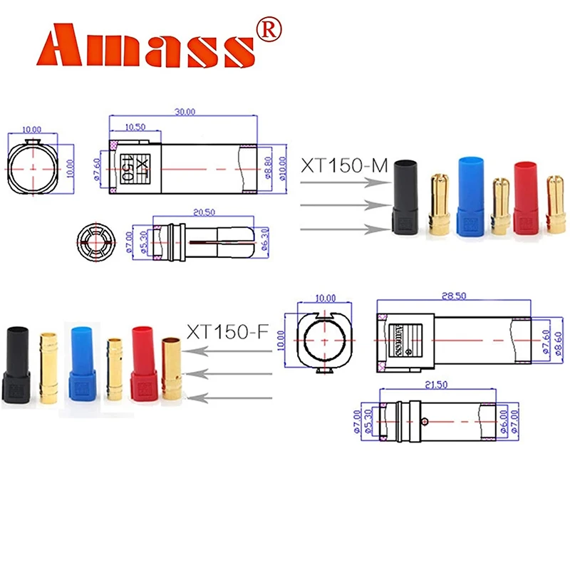 XT150 Connector Amass 6mm Bullet  Adapter Male Female Plug Set 130 High Rated Amps for FPV Drone RC LiPo Battery (3Pairs )