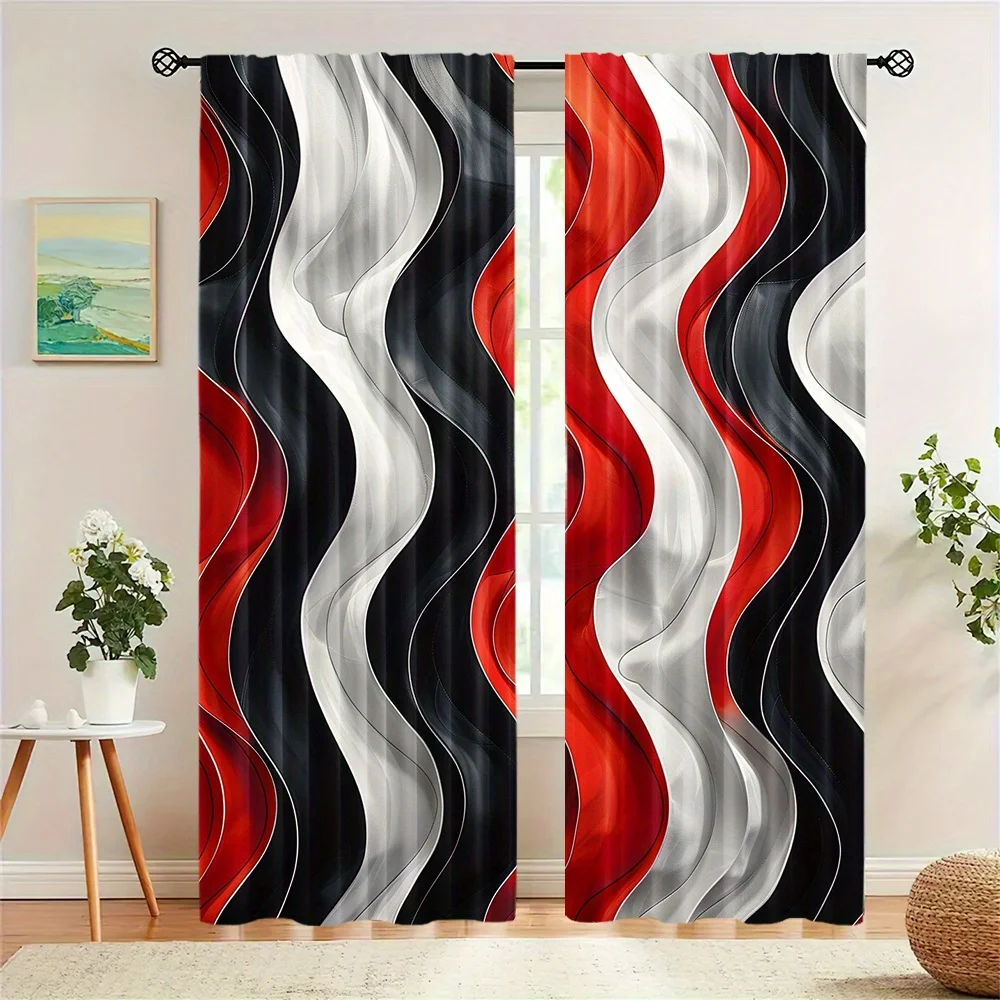 Elegant Geometric Wave Pattern 2-Piece Semi-Blackout Curtain Rod Pocket Polyester Woven Curtains for Bedroom Living Room Window