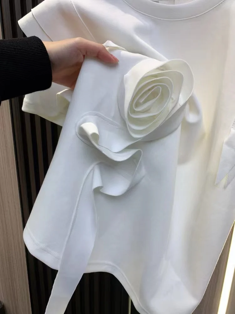 New In 2024 Summer Spring Fashion Cotton T-shirt Elegant O Neck Short Sleeve Patchwork 3D Flower Tassel Tops Tees T Shirt