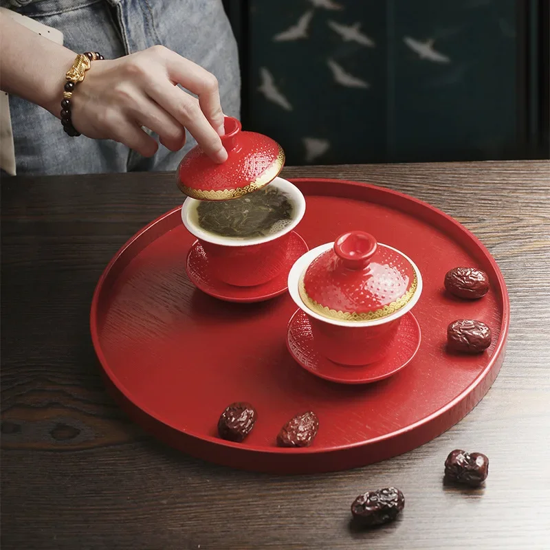 Chinese Style Red Wooden Tray for Wedding Rectangular Round Snack Sushi Dessert Plate New Year Candy Tea Tray