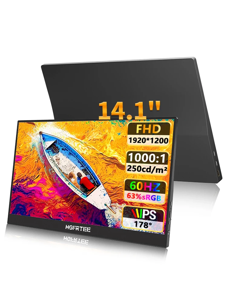 HGFRTEE 14,1 Zoll 1080P IPS Tragbarer Monitor, 100% sRGB HDR Gaming-Display mit Doppellautsprechern, 16:10 400nits 178 °   Weitwinkel 60Hz Typ-C HDMI für Laptop PC Mac Handy PS5 PS4 Switch Xbox