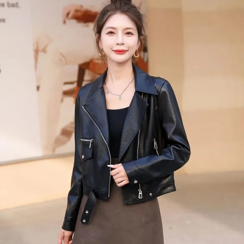 2024 Spring Autumn New Loose Leather Coat Women's Short Motorcycle Suit Hot selling Casual Small Man Leather Suit Collar Jacket