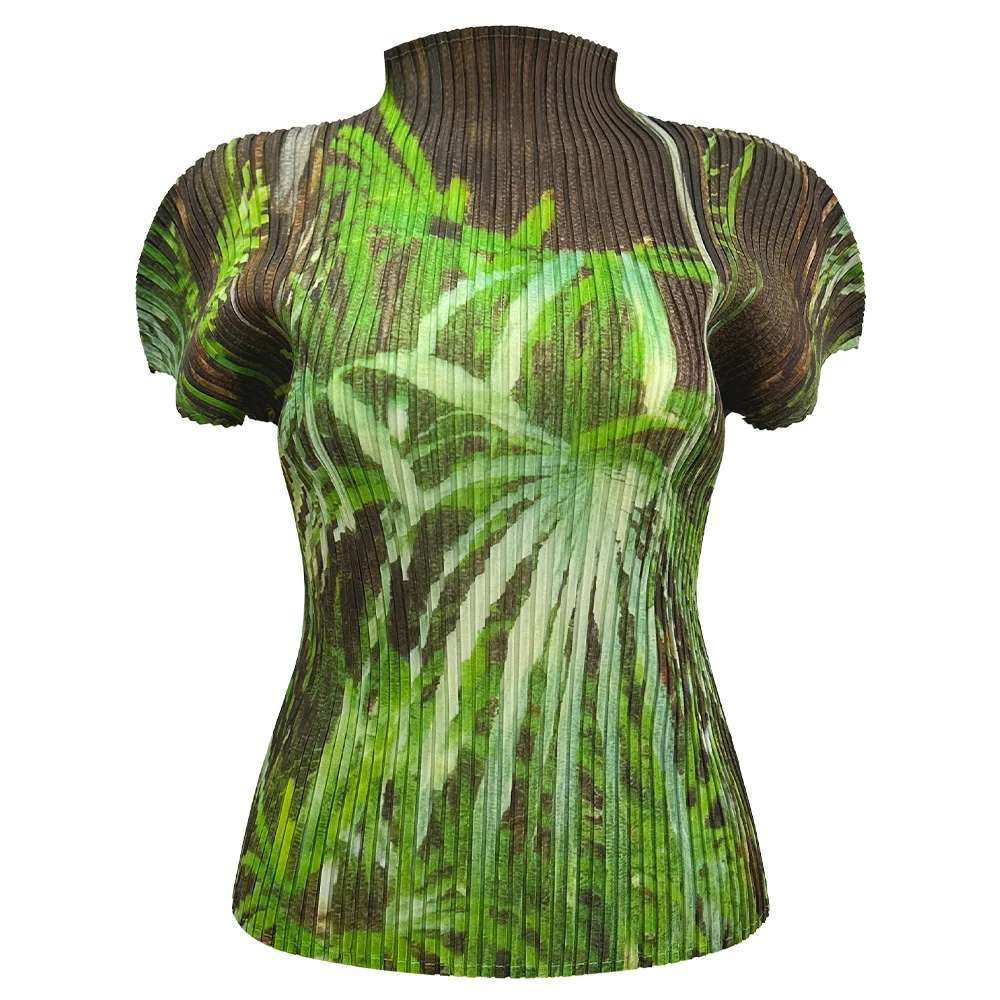 Fold Miyake Pleated Short Sleeve Blouse Women Palm Leaf Print High Neck 2026 Summer Spring Weekend Travel Key Statement Piece