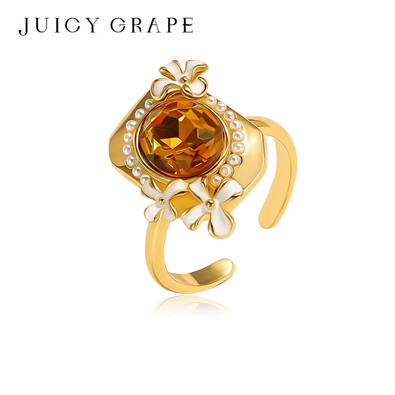 Juicy Grape Adjustable Gold Plated Osmanthus Gemstone Ring Handmade Enamel Floral Vintage Jewelry Gift for Women