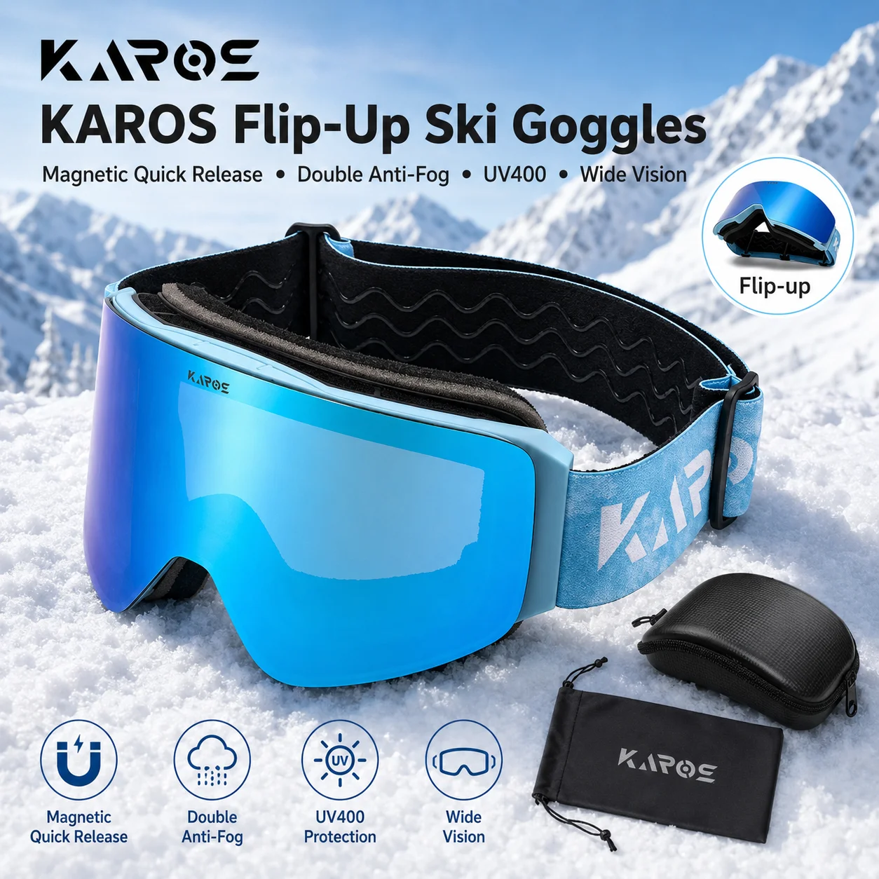 KAROS Magnetic Flip-Up Ski Goggles Double Anti-Fog UV400 Wide Vision Snowboard Goggles for Skiing Winter Sports KH002