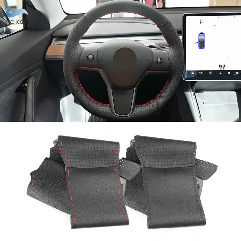 For Tesla Model 3 2015 2016 -2021 Model Y 2019 2020 2021 Car Steering Wheel Cover Microfiber Perforated Leather Protective Trim