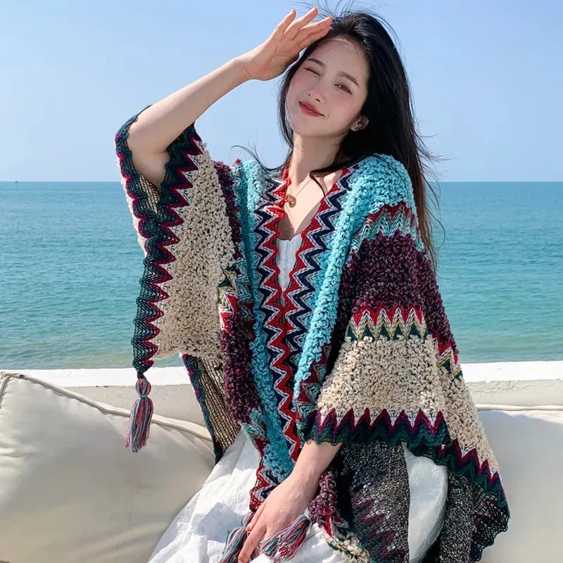 2024 New Women's Shawl Coat Tops Color Blocking Spring Autumn Winter Fashion Knitting Tourism Scarf Dual-Purpose Cape Blanket