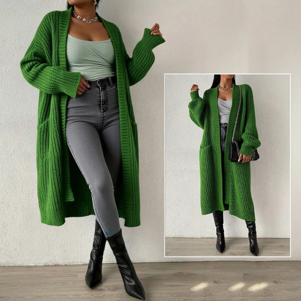 

Женский однотонный свободный вязаный кардиган с открытым передом, повседневный свитер с длинными рукавами и карманом