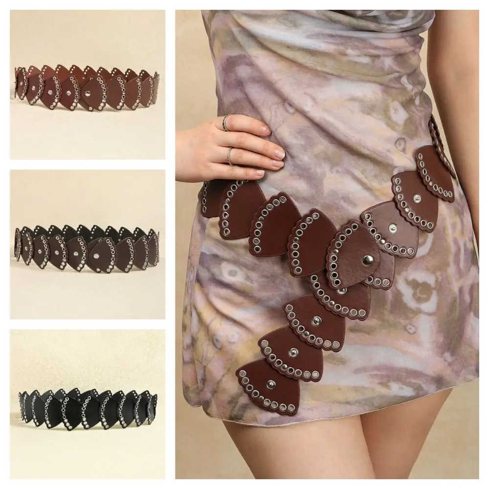 

Exaggerated Fan-shaped Splicing Belt PU Leather Punk Wide Women's Belt Western Style Y2k Rivet Waist Belt Dress Accessory