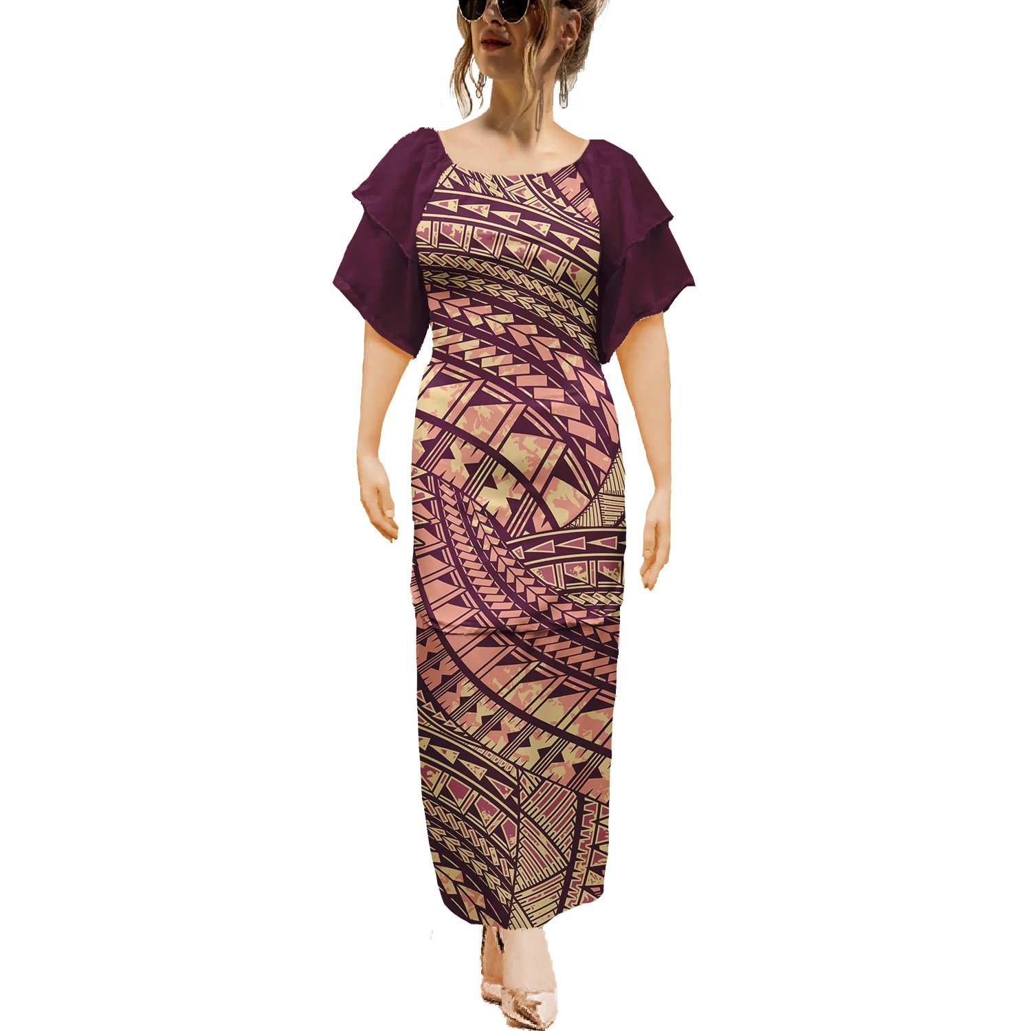 Ilha maxi vestido roupas vestidos samoan puletasi crewneck casual 2 peças polinésia plus size vestido de manga curta