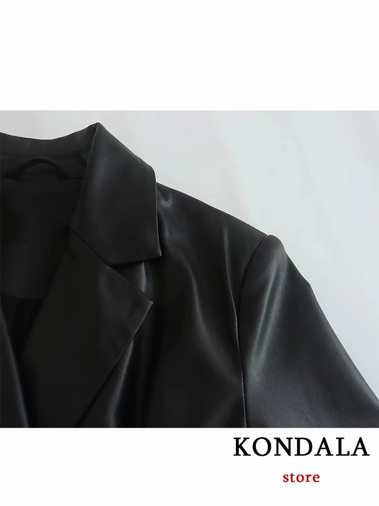 KONDALA Chic Solid Black PU Hollow Out Women Blazer Fashion 2023 Vintage Long Sleebe High Street Sexy Spring Y2K Female Outwear