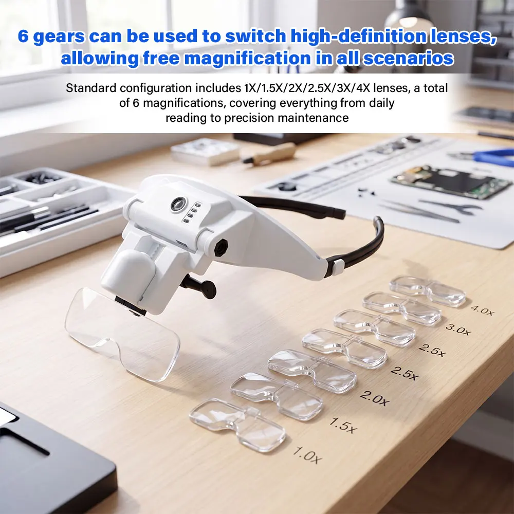 

Rechargeable LED Headband Magnifying Glass Interchangeable Lens Multiple Magnification Magnifier w 3 Colors Lights f Reading