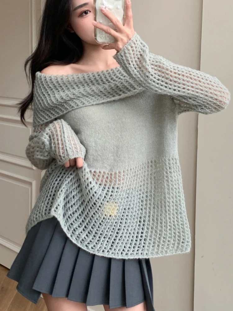 

Qiukichonson Grey Knit Sweater Top Women Long Sleeve Spring Summer Slash Neck Hotsweet Hollow Out Mohair Loose Pullover femme