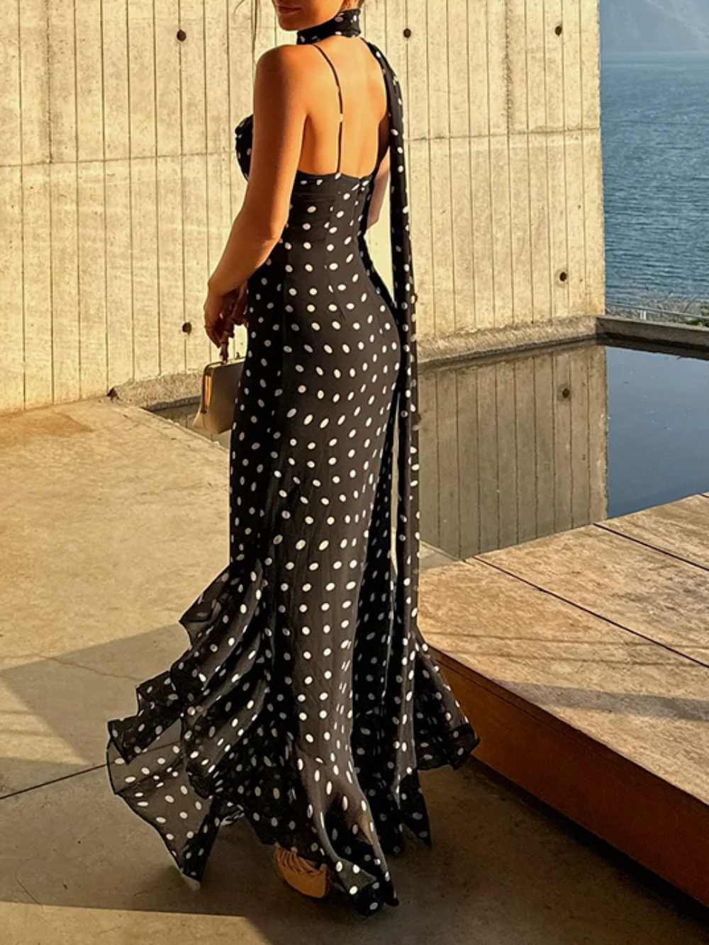 Sexy Club Fashion Women Dress Polka Dot Sleeveless Scarf Neck Backless Zipper Long Ruffle Dress New Fashion 2025 Summer Dress