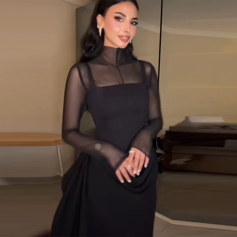 Stylish Lady Mesh See Long Sleeve Splicing Dress Elegant Evening Gown Women\'s 2026 New Luxury Boutique Club Party Dresses