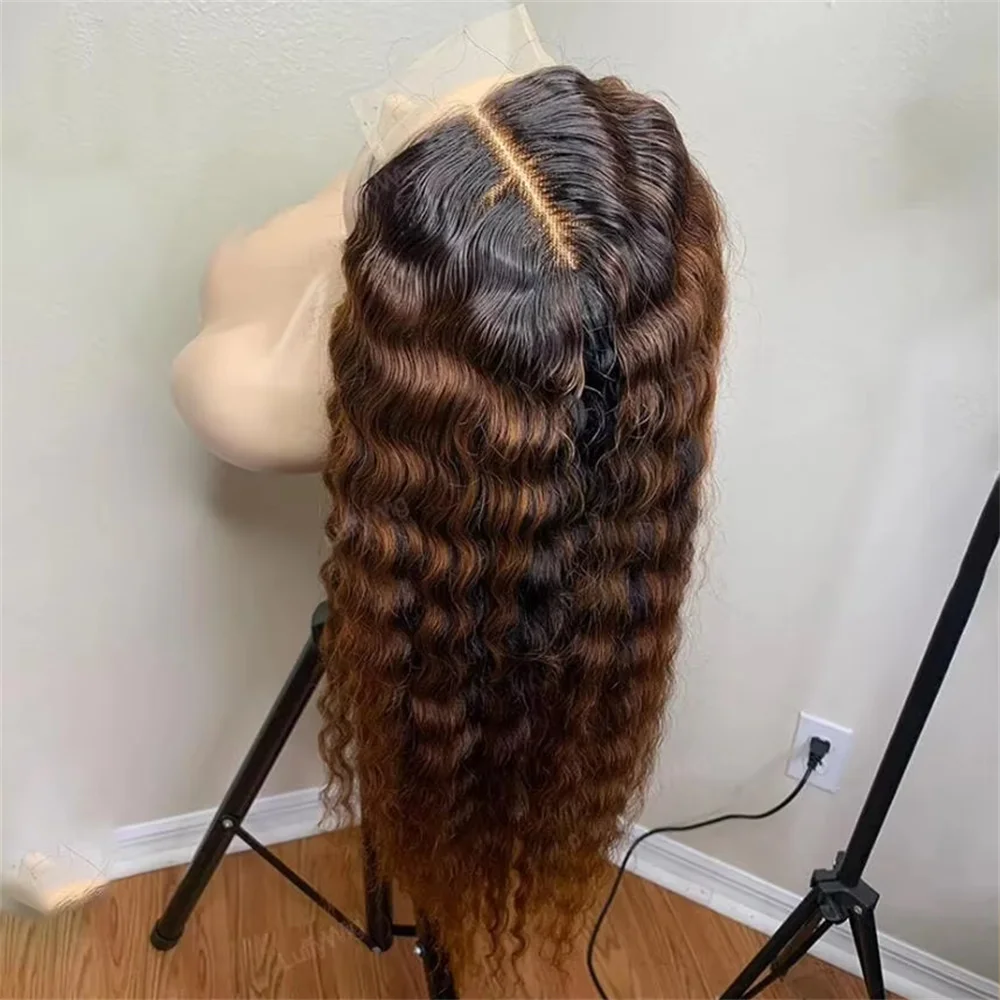 Glueless 180% densità morbida 26 pollici lungo Ombre marrone riccio crespo parrucca frontale in pizzo profondo per le donne nere Babyhair prepizzicato quotidiano