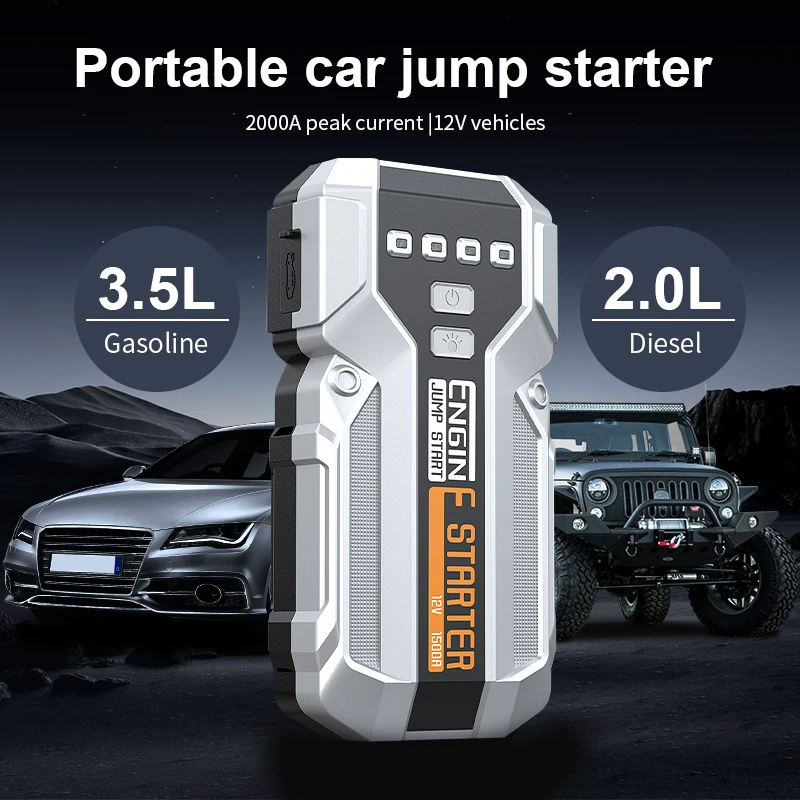 Car Battery Jump Starter 2000A Jump Box (3.5Lgal Gas/2.0gal Diesel), Portable Car Starter Battery Pack With Extended Smart Jumpe