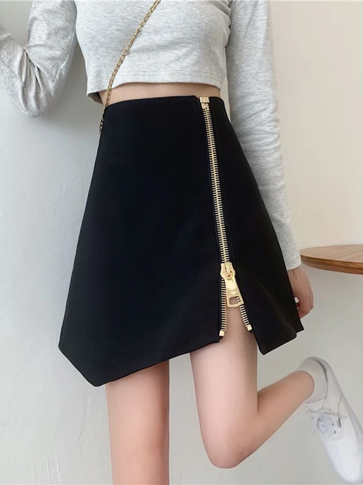 

Zoki Retro Design Zipper Y2K Skirt Women High Waist Gothic Mini Skirt Harajuku Streetwear Female Irregular Casual Black Skirt